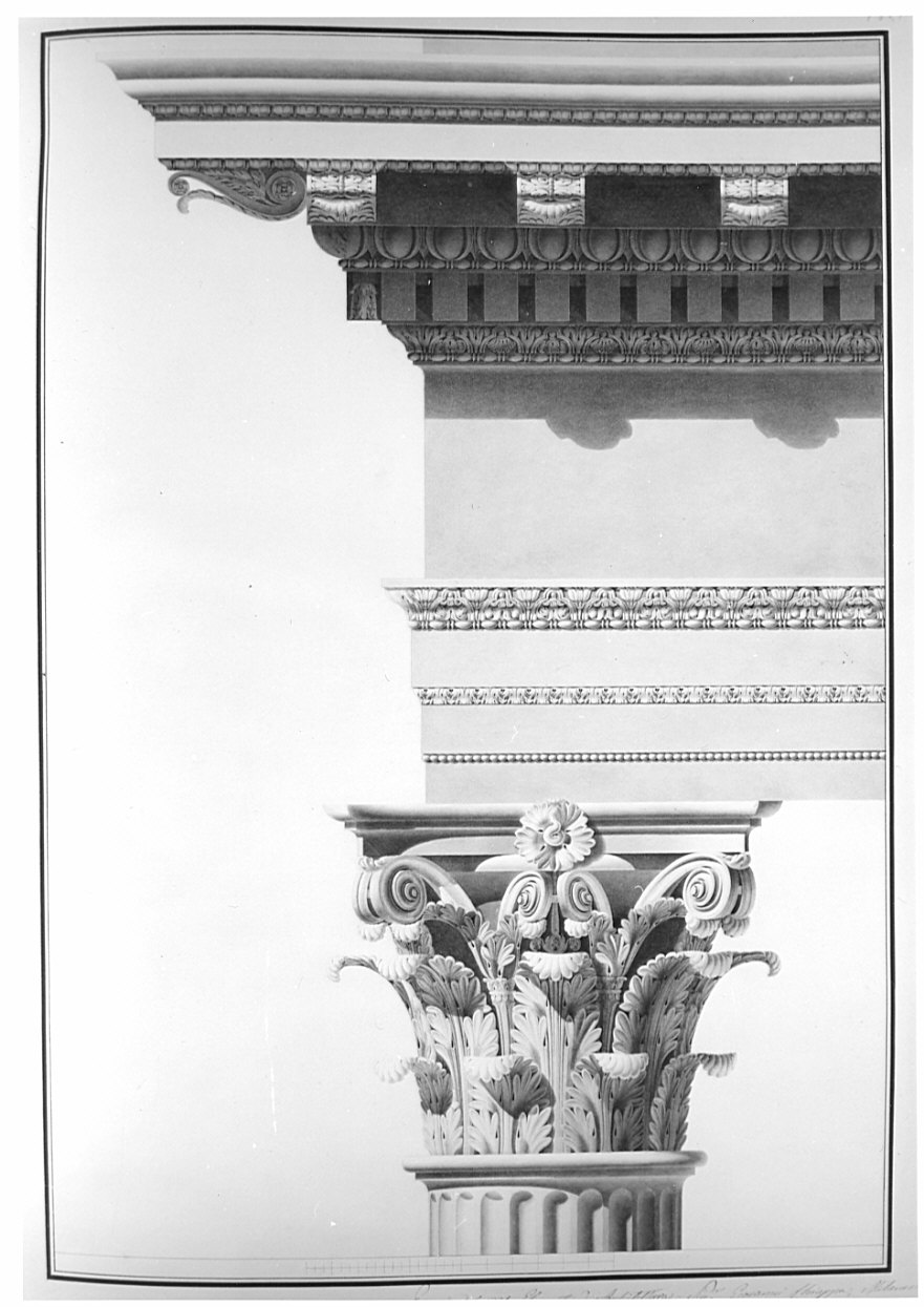 prospetto, architettura: rilievo di trabeazione corinzia (disegno, opera isolata) di Chiappa Giovanni Battista (sec. XIX)