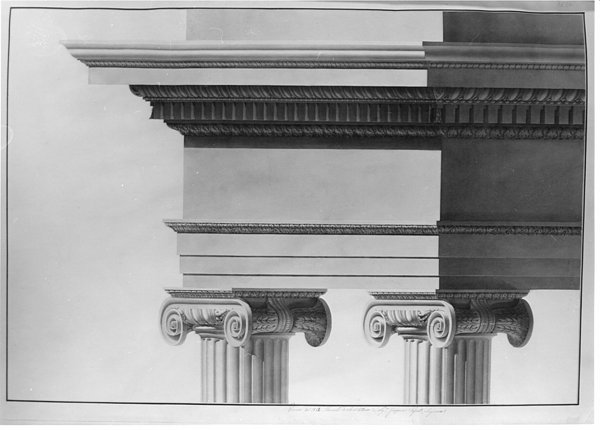 prospetto in fuori angolo, architettura: rilievo di trabeazione ionica (disegno, opera isolata) di Fossati Gaspare (sec. XIX)