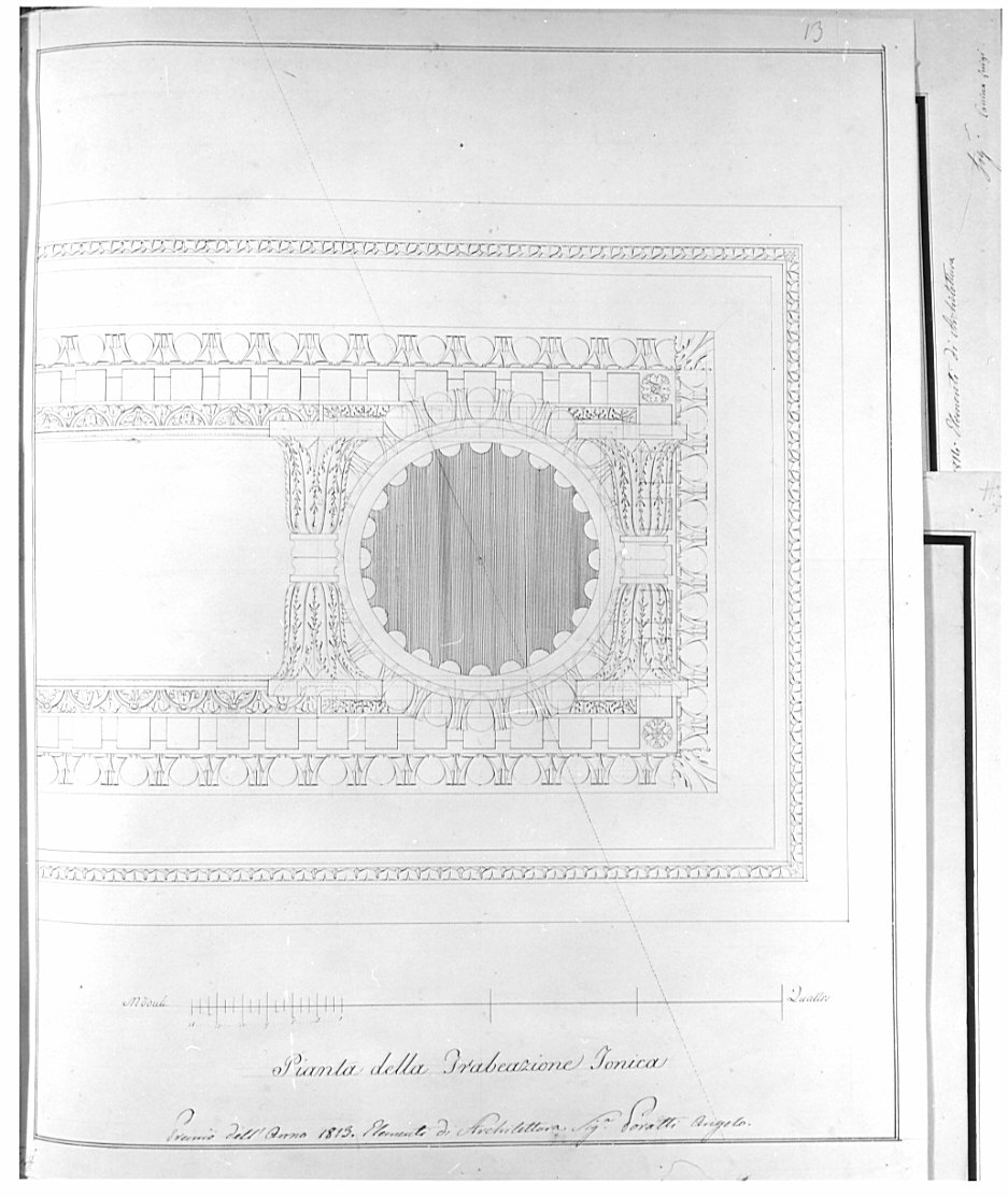 pianta, architettura: rilievo di trabeazione ionica (disegno, opera isolata) di Poratti Angelo (sec. XIX)