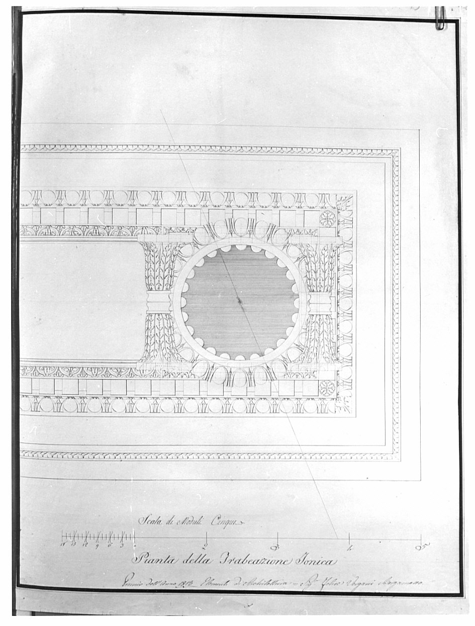 pianta, architettura: rilievo di trabeazione ionica (disegno, opera isolata) di Vergani Felice (sec. XIX)