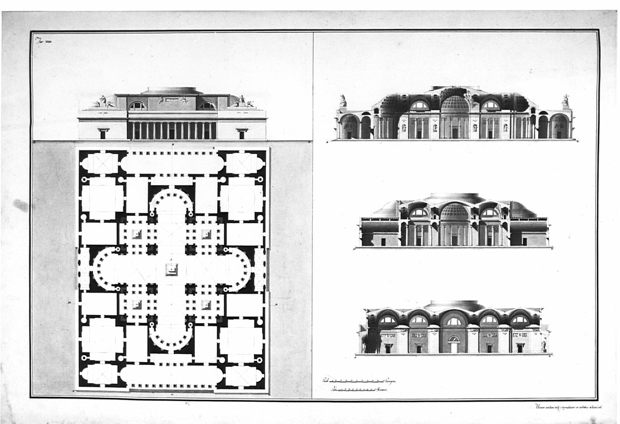 pianta, sezioni e prospetto del tempio, architettura: progetto per orfanotrofio militare (disegno, opera isolata) di Santi Lorenzo (sec. XIX)