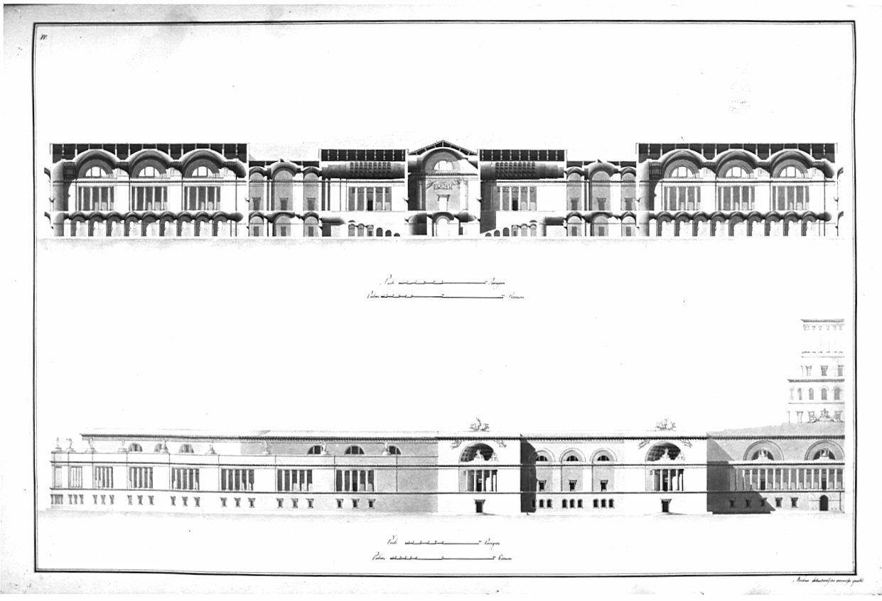 prospetti e sezioni, architettura: progetto per "Edifizio alla maniera degli antichi Musei di Pitagorici Italiani" (disegno, opera isolata) di Santi Dionisio (sec. XIX)
