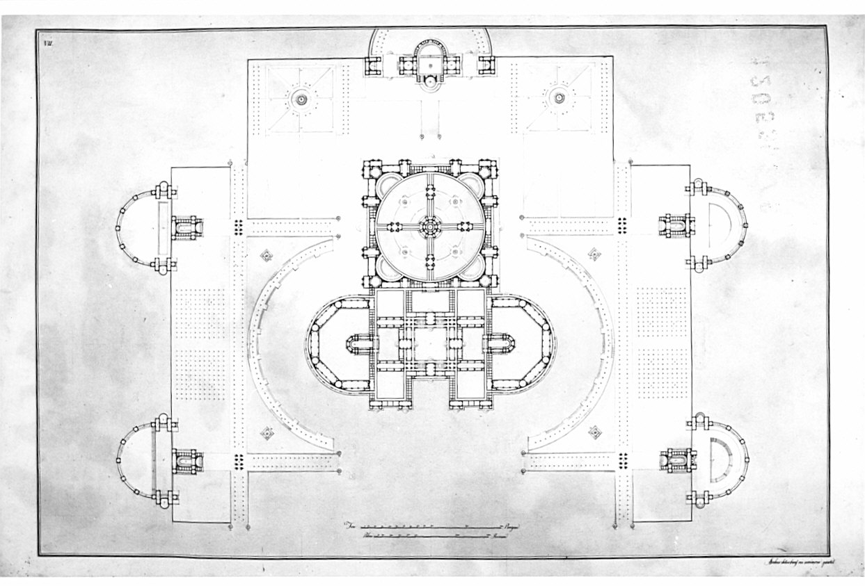 planimetria generale, architettura: progetto per "Edifizio alla maniera degli antichi Musei di Pitagorici Italiani" (disegno, opera isolata) di Santi Dionisio (sec. XIX)