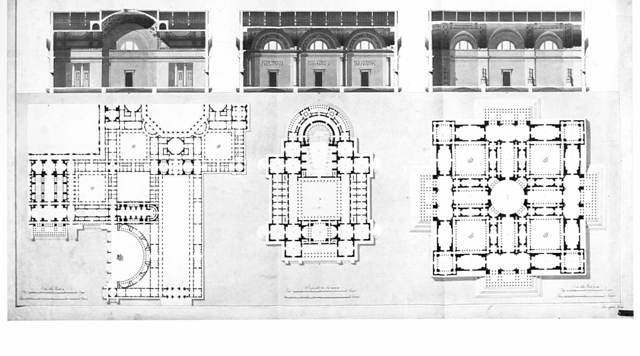 piante e sezioni, architettura: progetto per palazzo reale (disegno, opera isolata) di Santi Dionisio (sec. XIX)
