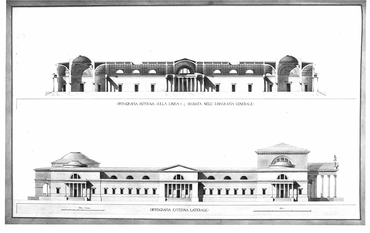 ala laterale: sezione e prospetto, architettura: progetto per galleria d'arte (disegno, opera isolata) di Antolini Filippo (sec. XIX)