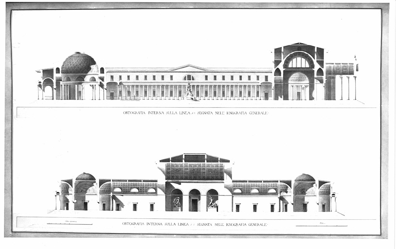 sezioni, architettura: progetto per galleria d'arte (disegno, opera isolata) di Antolini Filippo (sec. XIX)