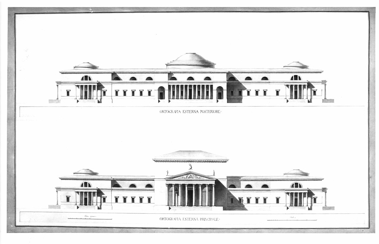 prospetti, architettura: progetto per galleria d'arte (disegno, opera isolata) di Antolini Filippo (sec. XIX)