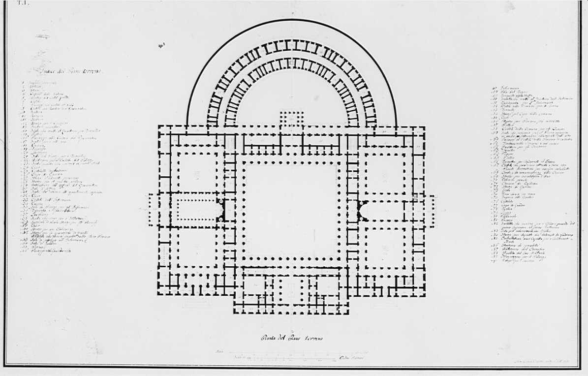 pianterreno: planimetria, architettura: progetto per carcere (disegno, opera isolata) di Peverelli Francesco (sec. XIX)