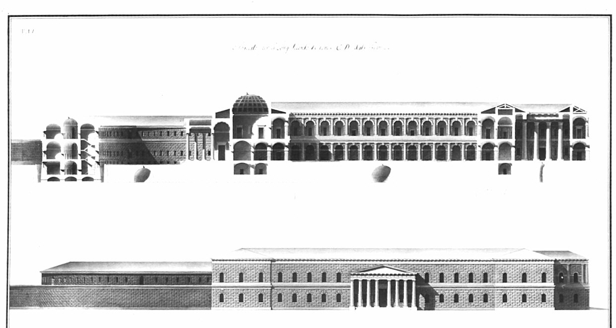 prospetto e sezione, architettura: progetto per carcere (disegno, opera isolata) di Peverelli Francesco (sec. XIX)