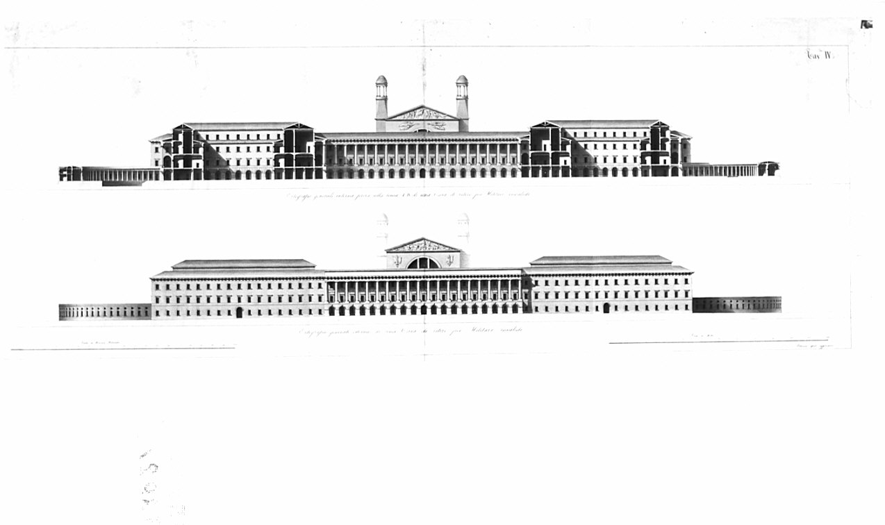prospetto e sezione, architettura: progetto per casa di ritiro per militari invalidi (disegno, opera isolata) di Caniani Sisto (sec. XIX)