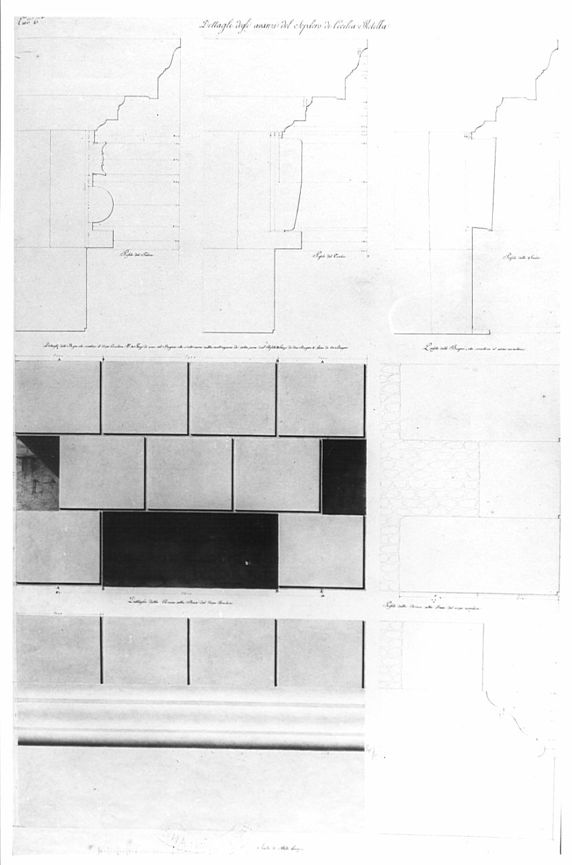 alzati e sezioni, architettura: rilievo del sepolcro di Cecilia Metella (disegno, opera isolata) di Moraglia Giacomo (sec. XIX)