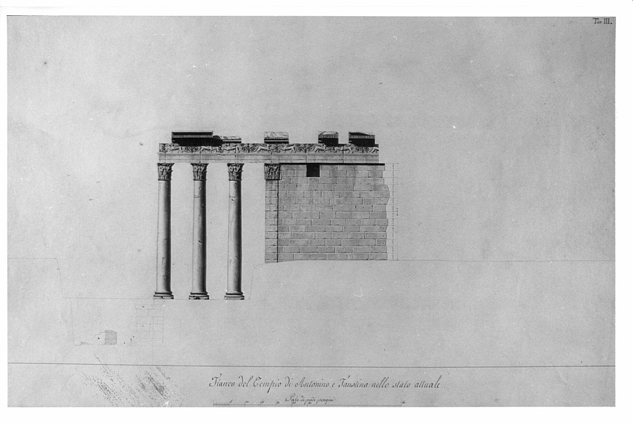 fianco, architettura: rilievo del Tempio di Antonino e Faustina (disegno, opera isolata) di Moraglia Giacomo (sec. XIX)
