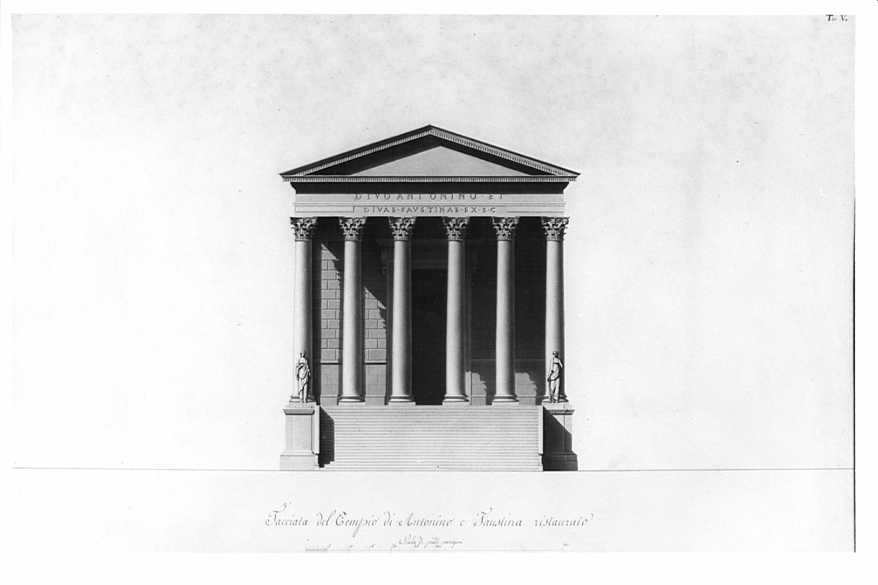 prospetto, architettura: progetto di restauro del Tempio di Antonino e Faustina (disegno, opera isolata) di Moraglia Giacomo (sec. XIX)