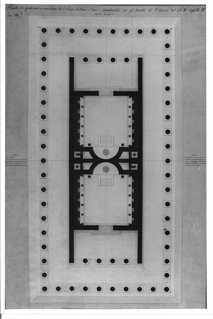 pianta, architettura: progetto di restauro del Tempio di Roma e Venere (disegno, opera isolata) di Vergani Giovanni Battista (sec. XIX)