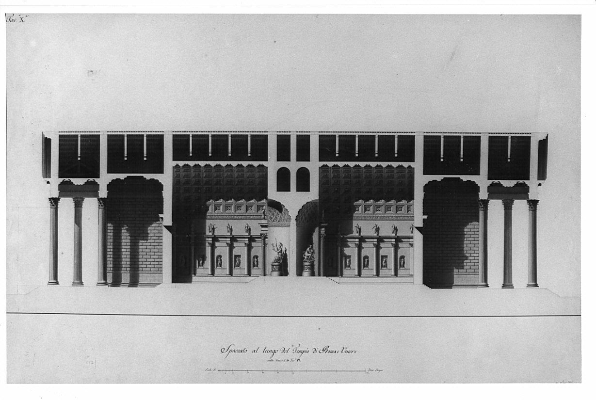 spaccato, architettura: progetto di restauro del Tempio di Roma e Venere (disegno, opera isolata) di Vergani Giovanni Battista (sec. XIX)