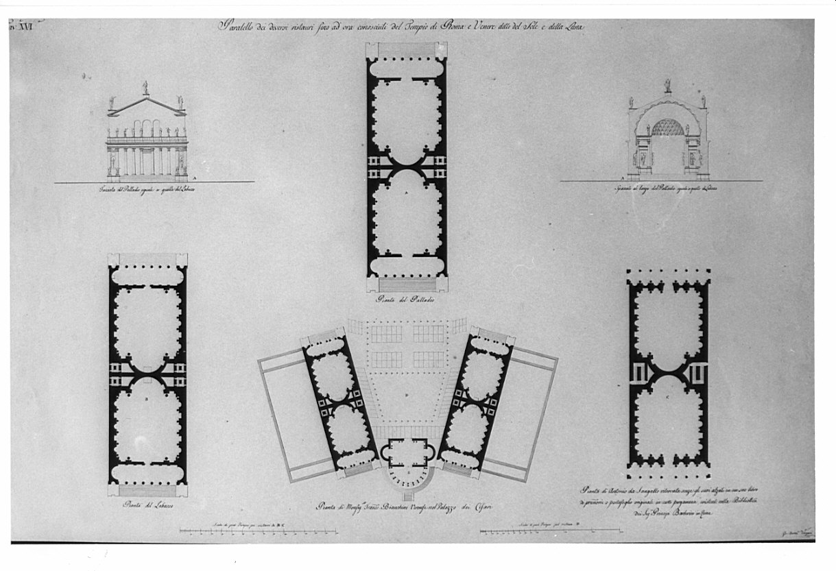 piante, architettura: progetto di restauro del Tempio di Roma e Venere (disegno, opera isolata) di Vergani Giovanni Battista (sec. XIX)