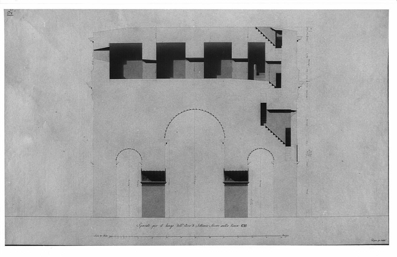 sezione, architettura: rilievo dell'Arco di Settimio Severo (disegno, opera isolata) di Vergani Giovanni Battista (sec. XIX)