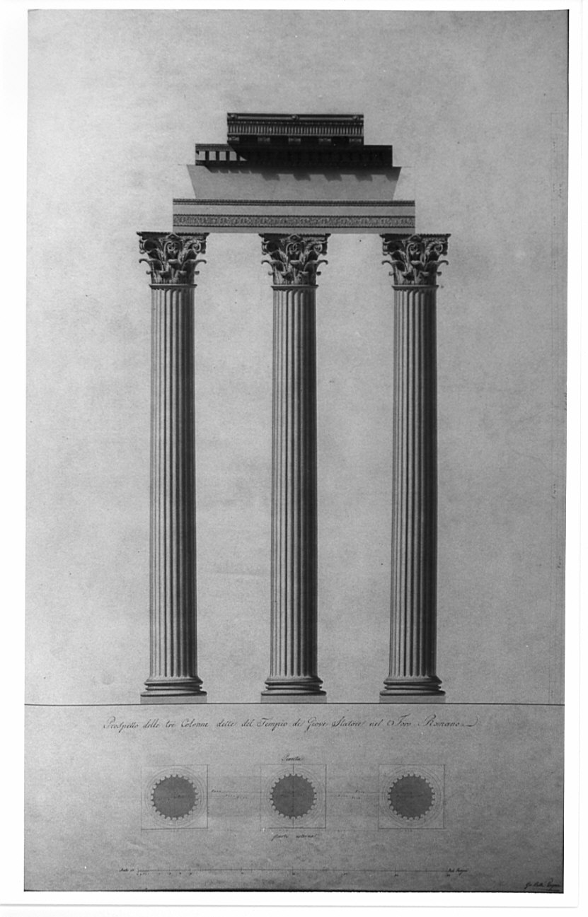 pianta e prospetto, architettura: rilievo del Tempio di Giove Statore (disegno, opera isolata) di Vergani Giovanni Battista (sec. XIX)