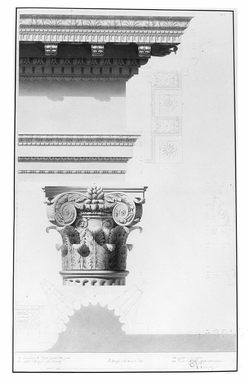 particolari della trabeazione, architettura: progetto di restauro dell'Arco di Tito (disegno, opera isolata) di Besia Gaetano (sec. XIX)