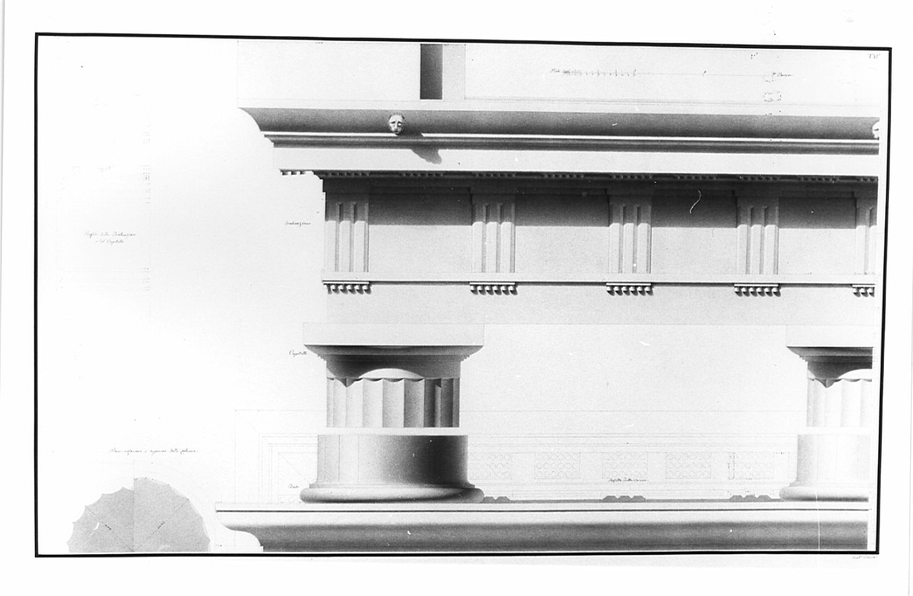 particolari, architettura: progetto di restauro del Tempio di Ercole a Cora (disegno, opera isolata) di Besia Gaetano (sec. XIX)