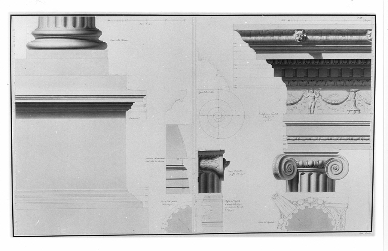 particolari, architettura: rilievo del Tempio della Fortuna Virile (disegno, opera isolata) di Besia Gaetano (sec. XIX)