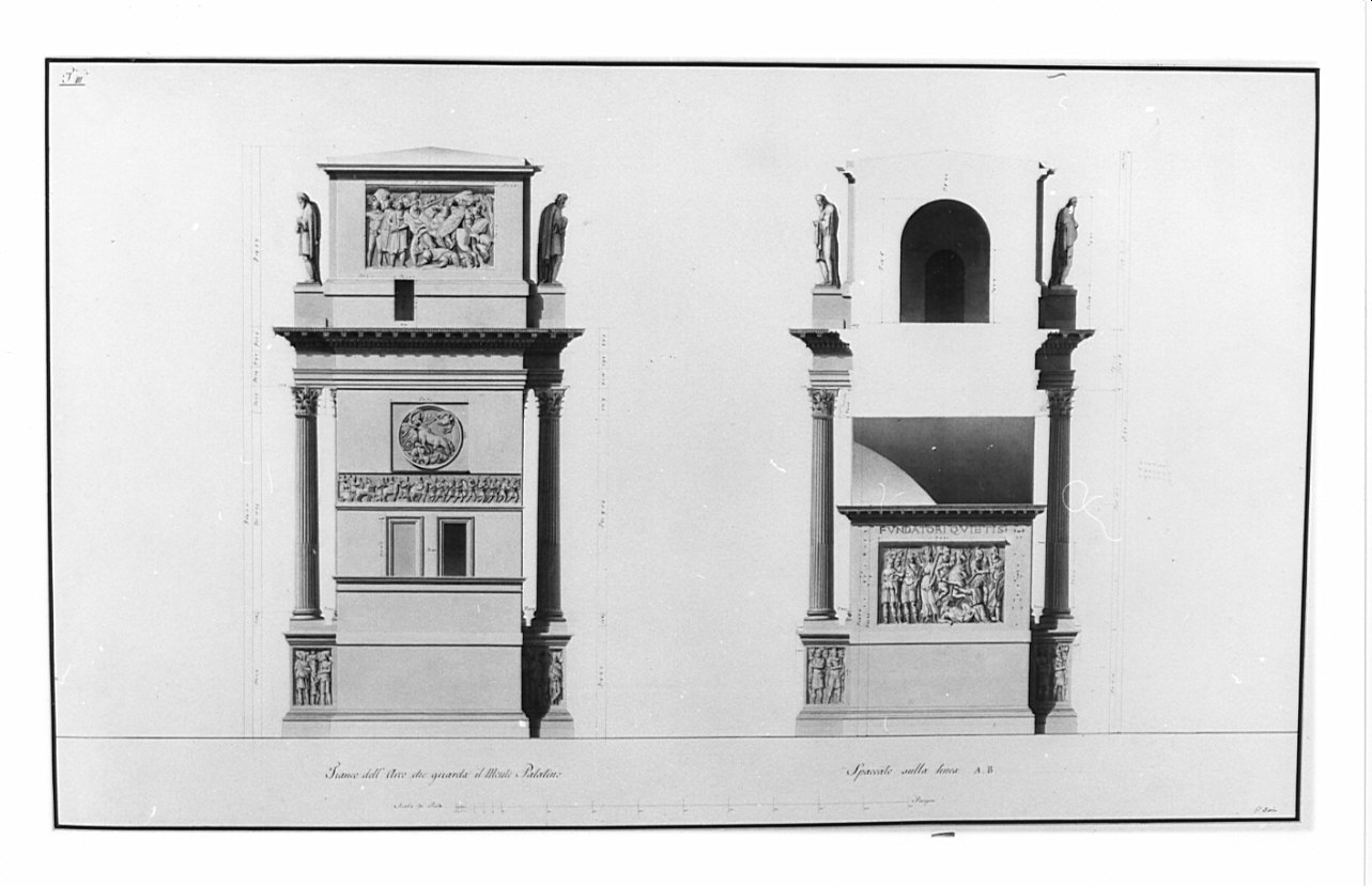 prospetto e sezione dei fianchi, architettura: rilievo dell'Arco di Costantino (disegno, opera isolata) di Bosio Pietro (sec. XIX)