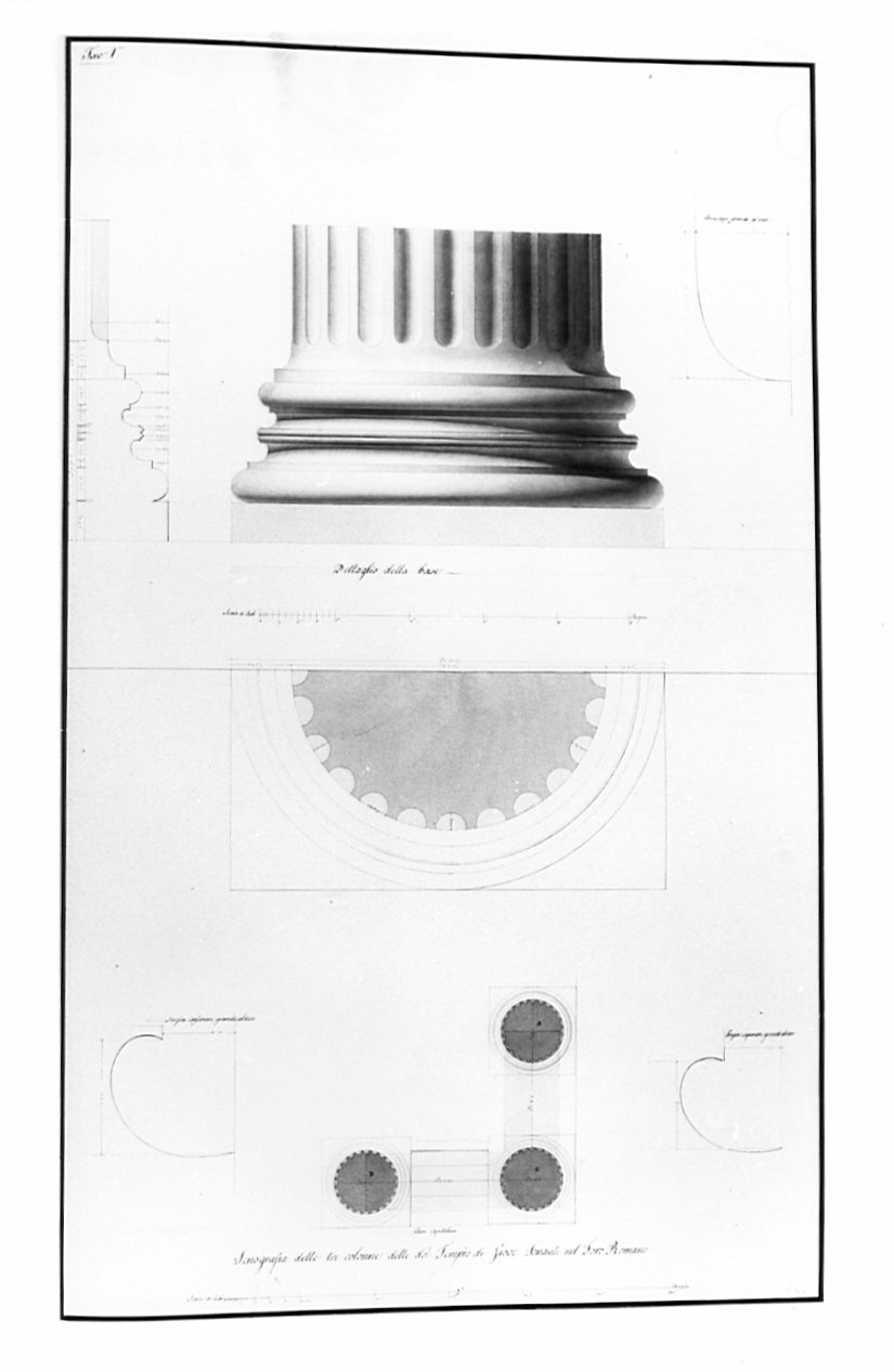pianta, alzato e profilo, architettura: rilievo del Tempio di Giove Tonante (disegno, opera isolata) di Bosio Pietro (sec. XIX)