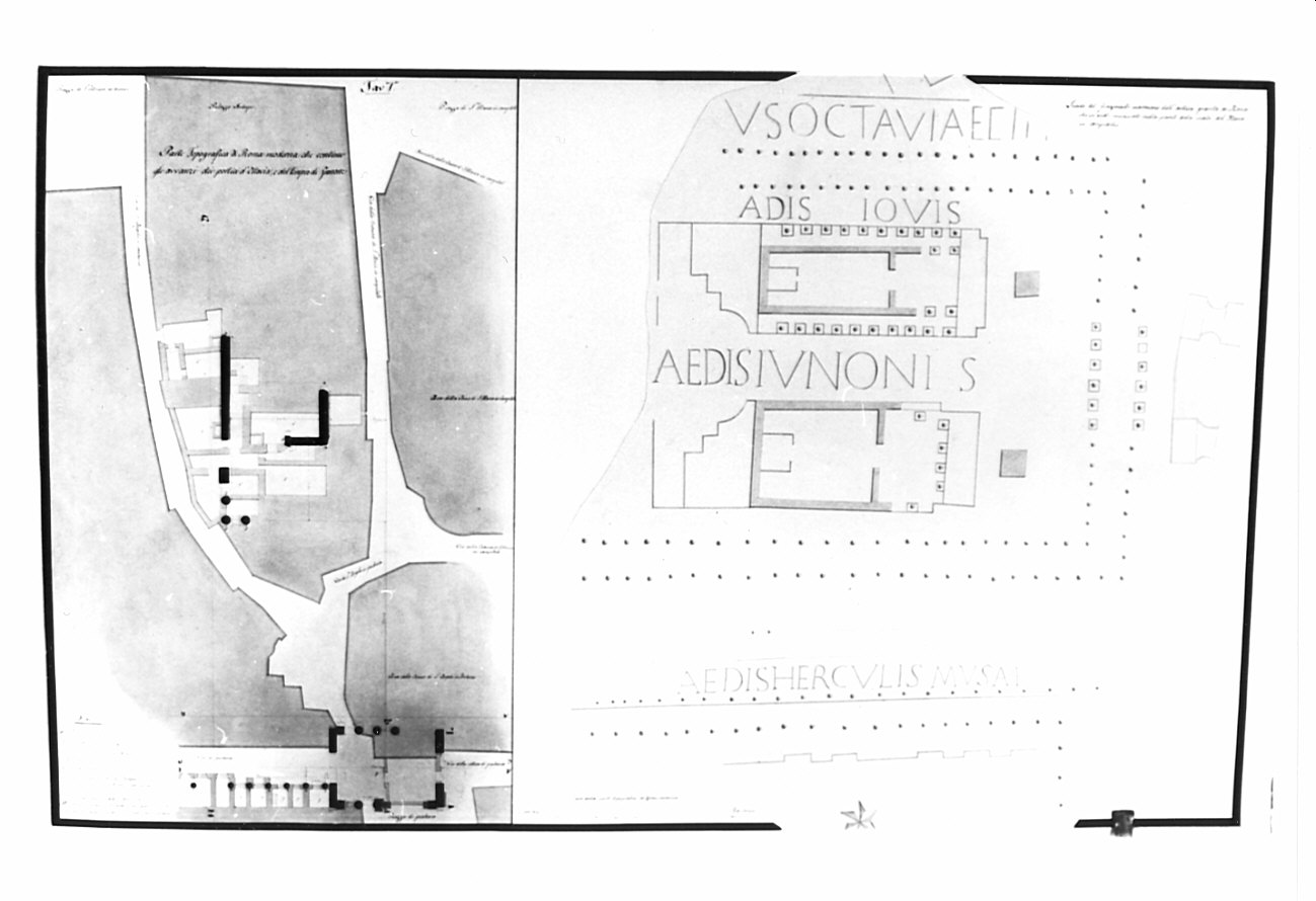 planimetria, architettura: rilievo dei Portici di Ottavia e del Tempio di Giunone (disegno, opera isolata) di Bosio Pietro (sec. XIX)