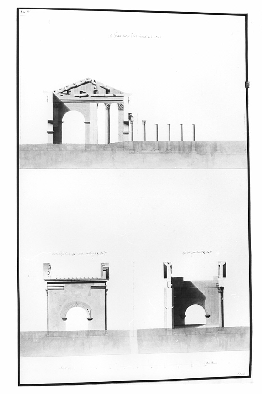 sezioni, architettura: rilievo dei Portici di Ottavia e del Tempio di Giunone (disegno, opera isolata) di Bosio Pietro (sec. XIX)