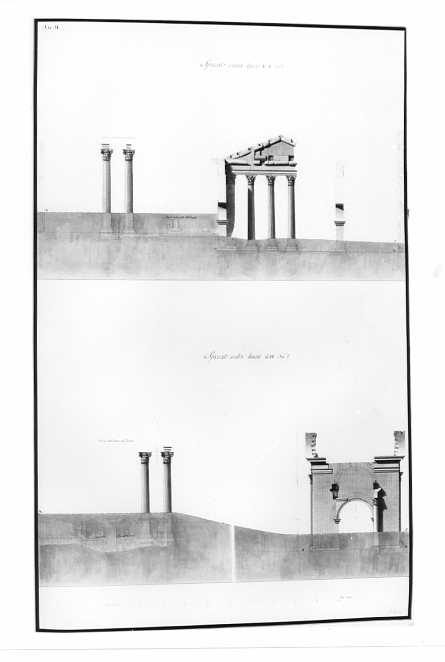 spaccati, architettura: rilievo dei Portici di Ottavia e del Tempio di Giunone (disegno, opera isolata) di Bosio Pietro (sec. XIX)