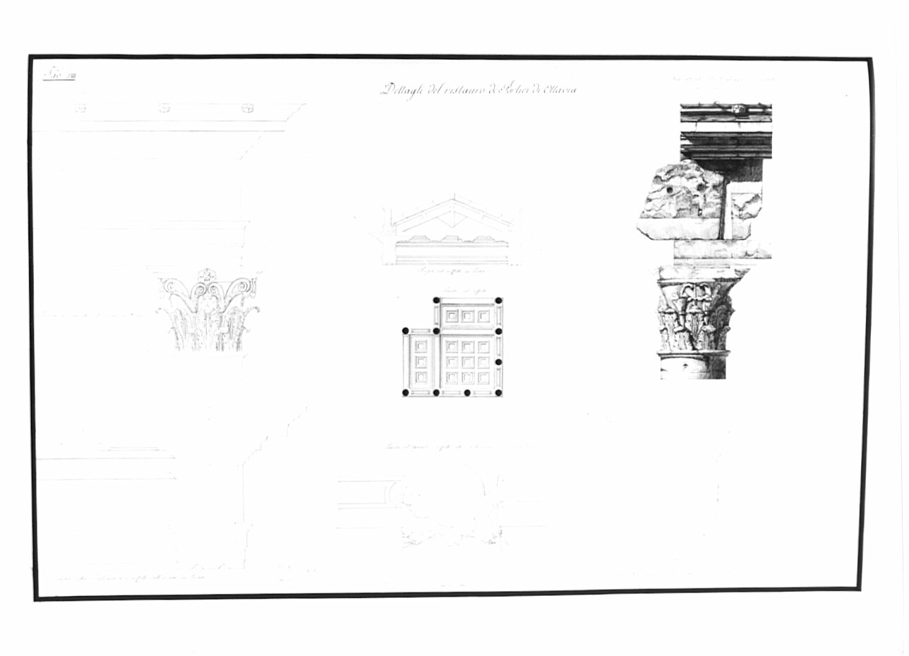 piante, sezioni, alzati, architettura: progetto di restauro dei Portici di Ottavia e del Tempio di Giove e Giunone (disegno, opera isolata) di Bosio Pietro (sec. XIX)