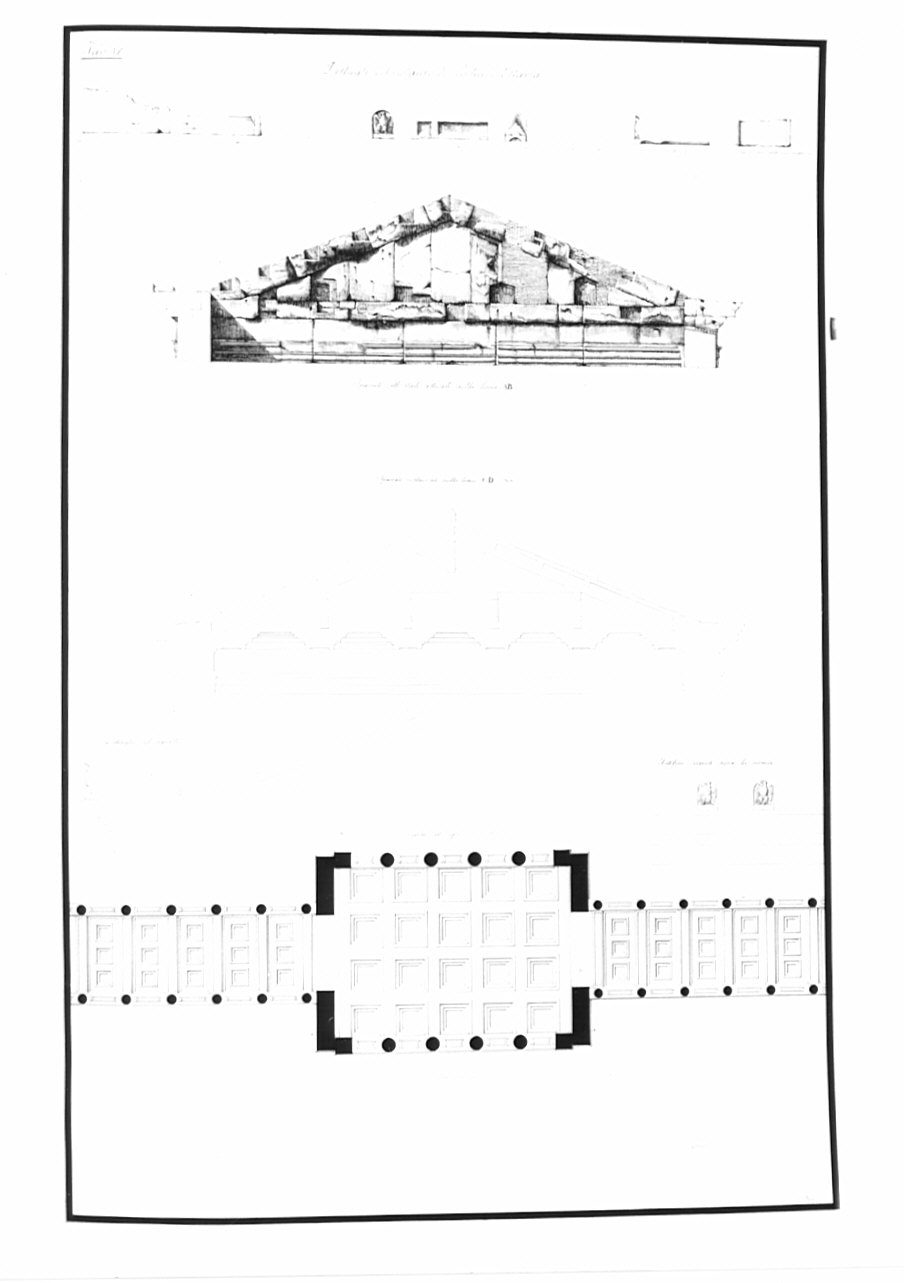 piante, sezioni e prospetti, architettura: progetto di restauro dei Portici di Ottavia e del Tempio di Giove e Giunone (disegno, opera isolata) di Bosio Pietro (sec. XIX)
