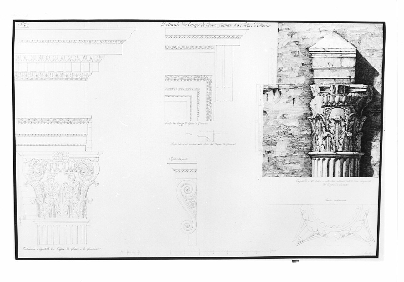 sezioni e profili, architettura: progetto di restauro dei Portici di Ottavia e del Tempio di Giove e Giunone (disegno, opera isolata) di Bosio Pietro (sec. XIX)