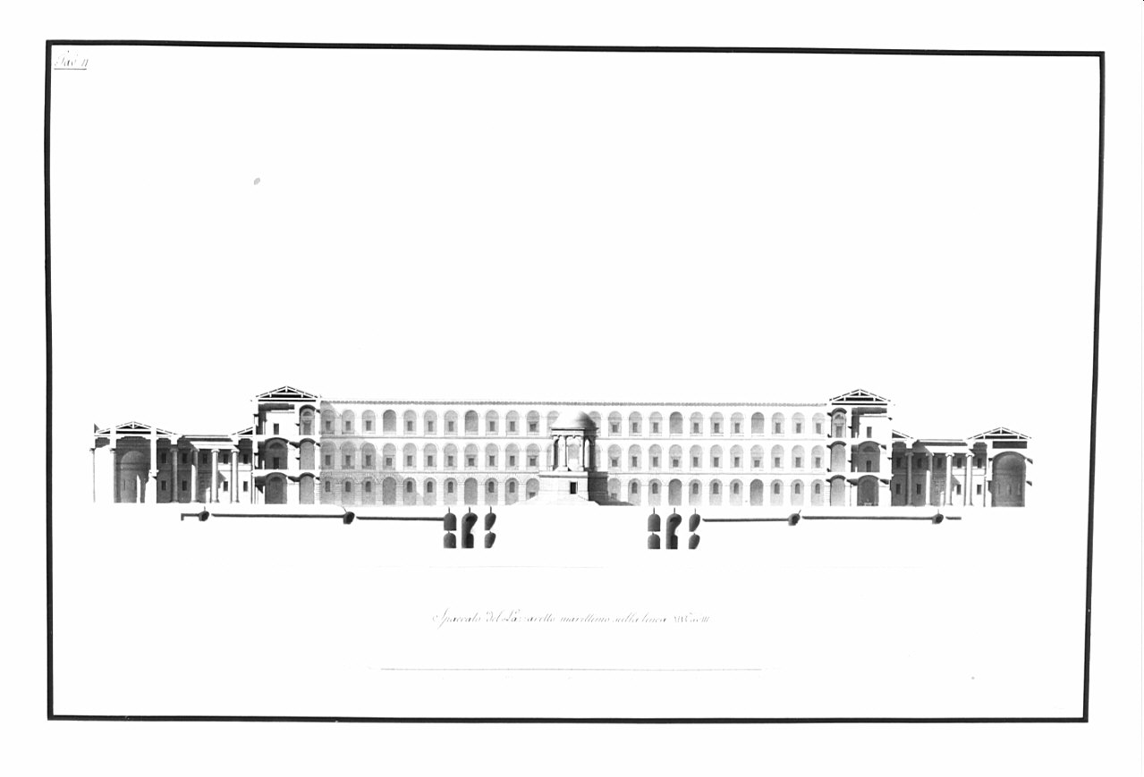 spaccato, architettura: progetto per un Lazzaretto marittimo (disegno, opera isolata) di Bosio Pietro (sec. XIX)