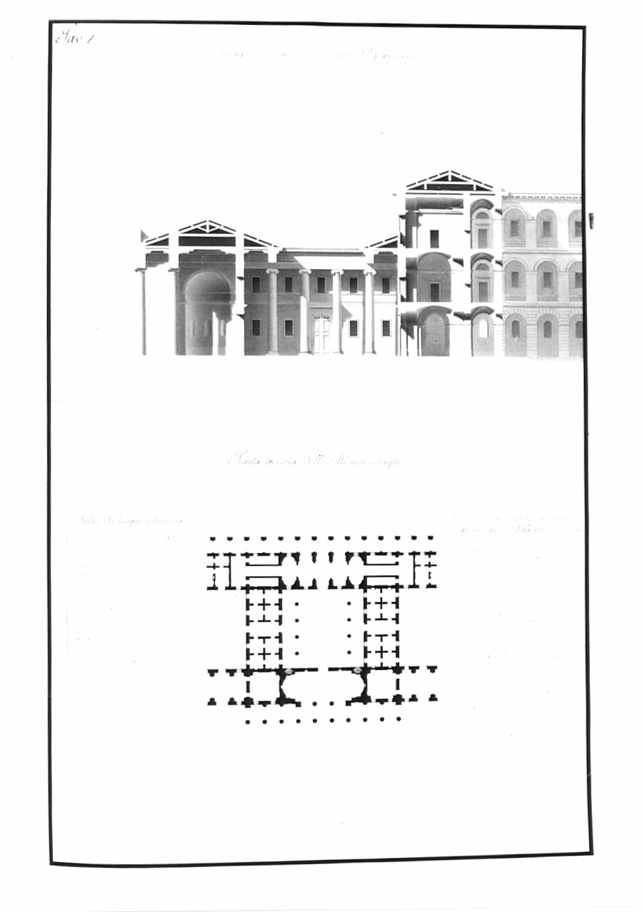 pianta e spaccato, architettura: progetto per un Lazzaretto marittimo (disegno, opera isolata) di Bosio Pietro (sec. XIX)