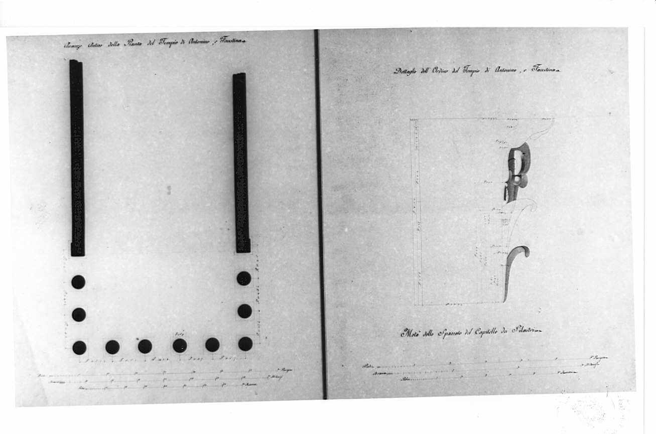 pianta e spaccato, architettura: rilievo del Tempio di Antonino e Faustina (disegno, opera isolata) di Bianconi Giacomo (sec. XIX)