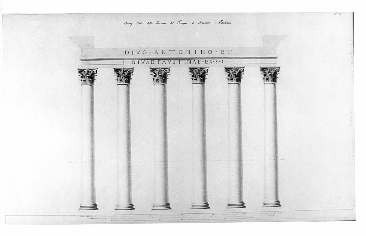 alzato, architettura: rilievo del Tempio di Antonino e Faustina (disegno, opera isolata) di Bianconi Giacomo (sec. XIX)