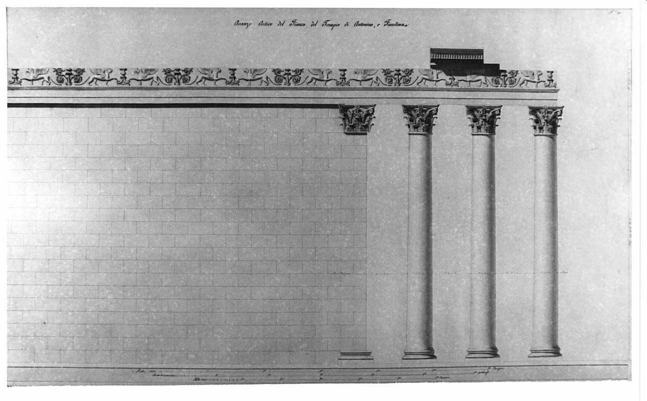 alzato, architettura: rilievo del Tempio di Antonino e Faustina (disegno, opera isolata) di Bianconi Giacomo (sec. XIX)