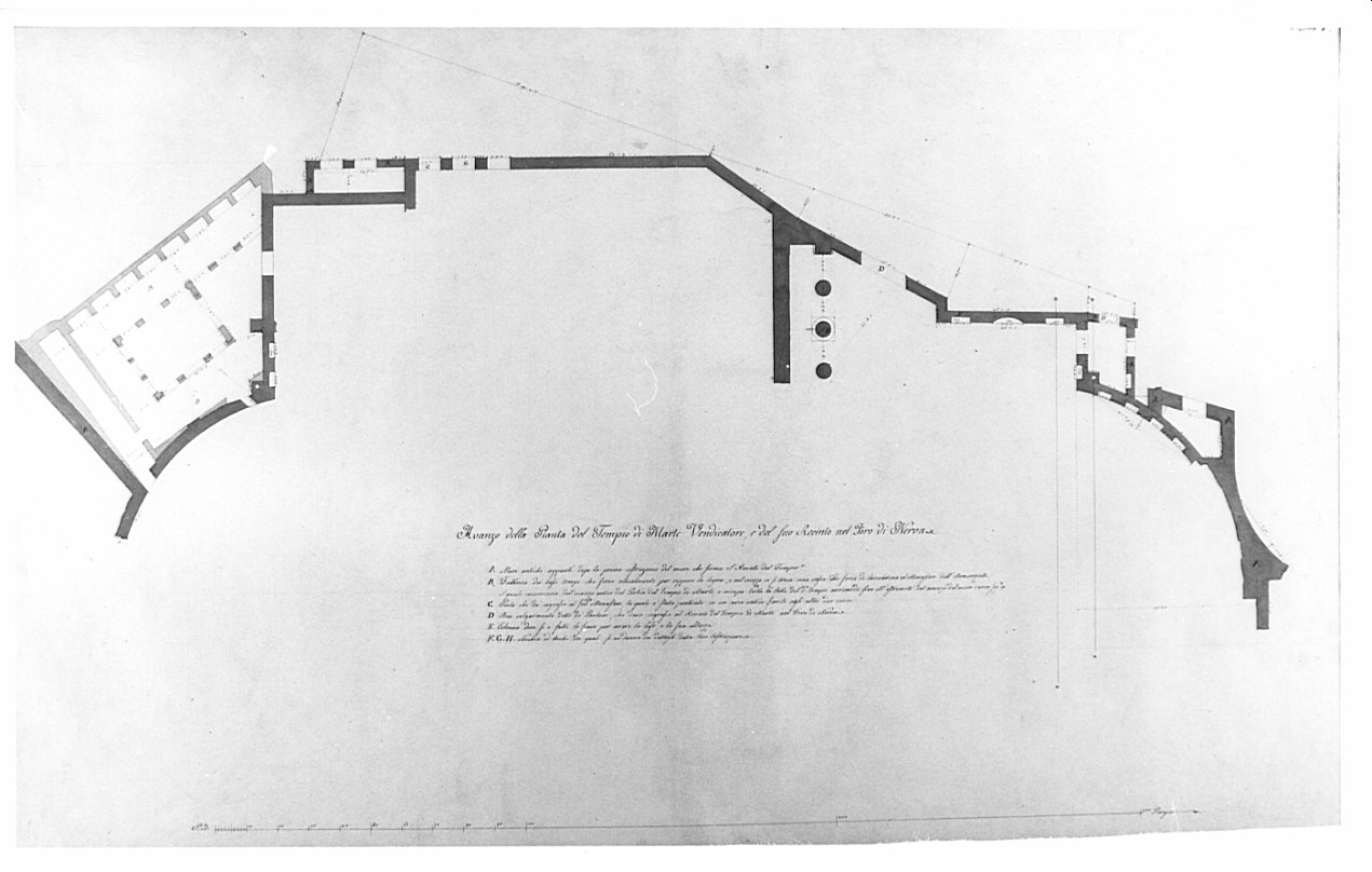 pianta, architettura: rilievo del Tempio di Marte Vendicatore nel Foro di Nerva (disegno, opera isolata) di Bianconi Giacomo (sec. XIX)