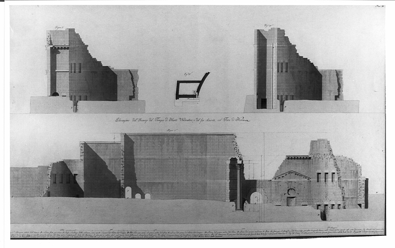 prospetti e sezioni, architettura: rilievo del Tempio di Marte Vendicatore nel Foro di Nerva (disegno, opera isolata) di Bianconi Giacomo (sec. XIX)