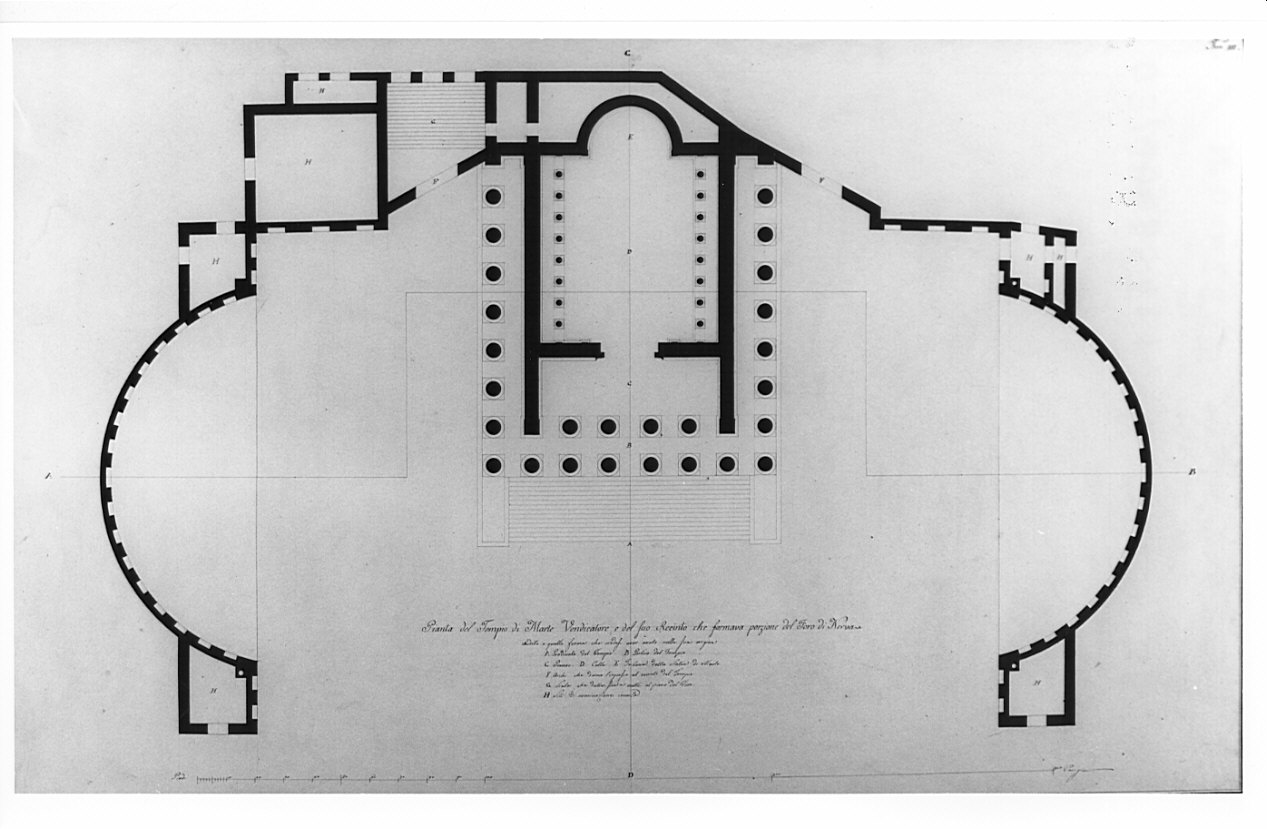 pianta, architettura: ricostruzione del Tempio di Marte Vendicatore nel Foro di Nerva (disegno, opera isolata) di Bianconi Giacomo (sec. XIX)