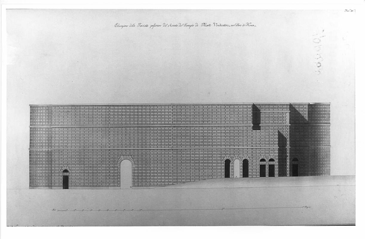 prospetto, architettura: ricostruzione del Tempio di Marte Vendicatore nel Foro di Nerva (disegno, opera isolata) di Bianconi Giacomo (sec. XIX)