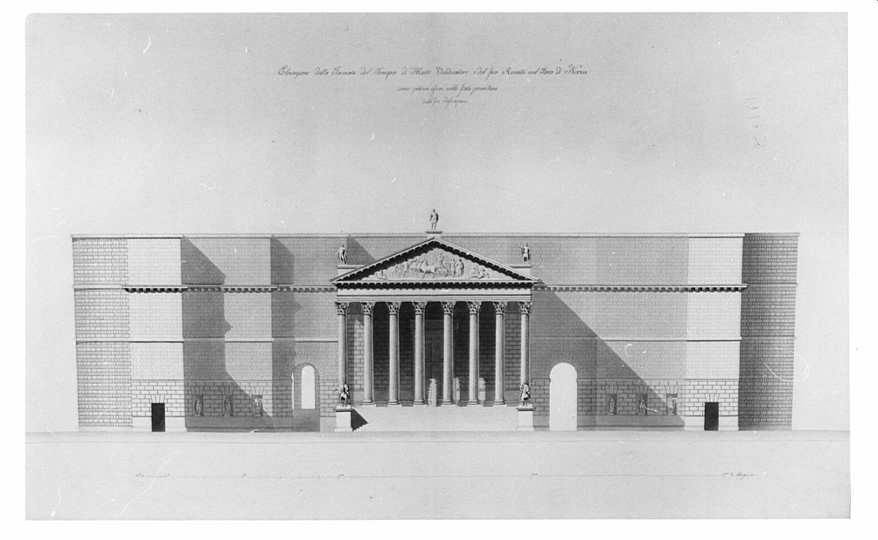 alzato, architettura: ricostruzione del Tempio di Marte Vendicatore nel Foro di Nerva (disegno, opera isolata) di Bianconi Giacomo (sec. XIX)