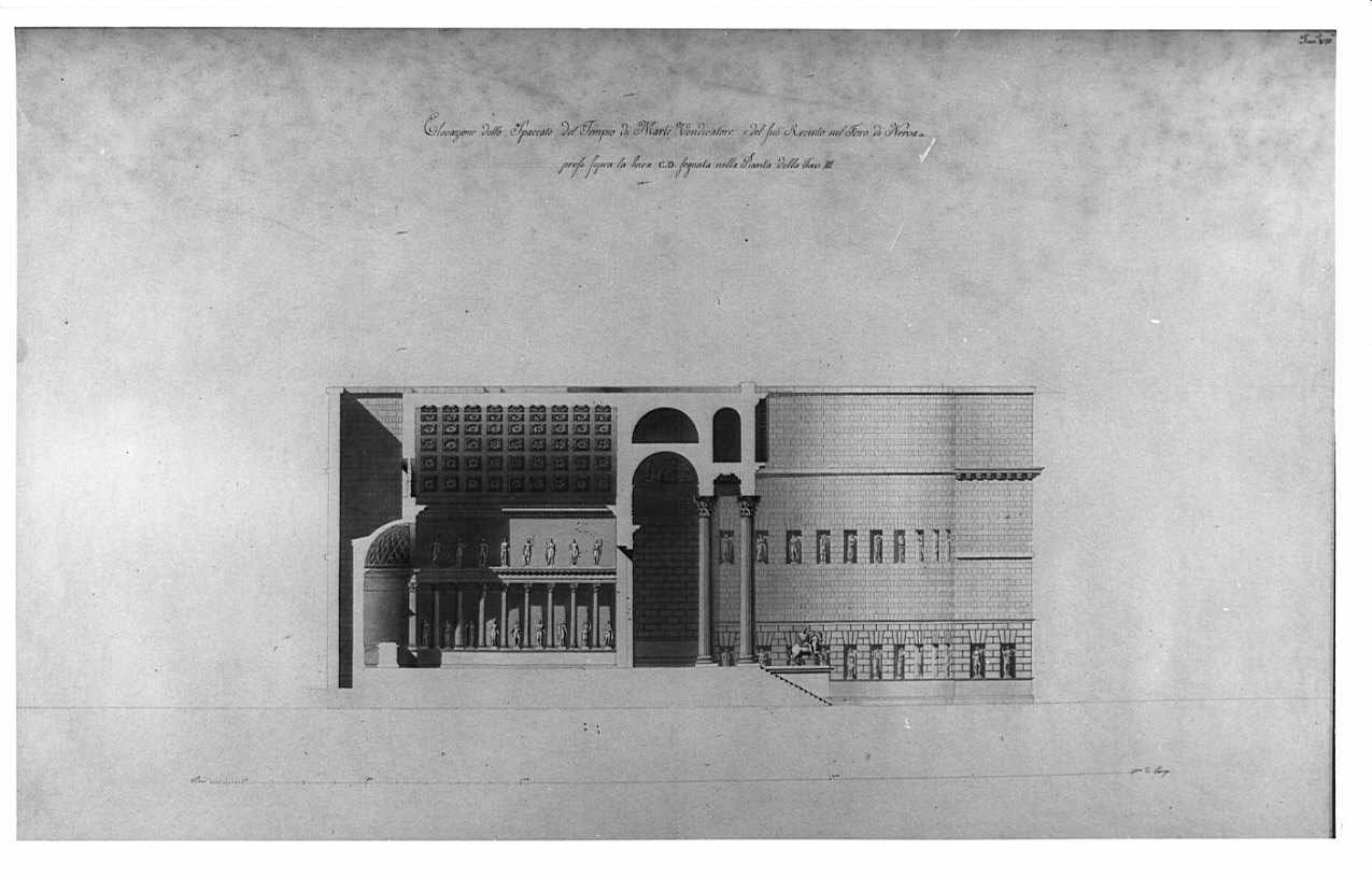 alzato, architettura: ricostruzione del Tempio di Marte Vendicatore nel Foro di Nerva (disegno, opera isolata) di Bianconi Giacomo (sec. XIX)