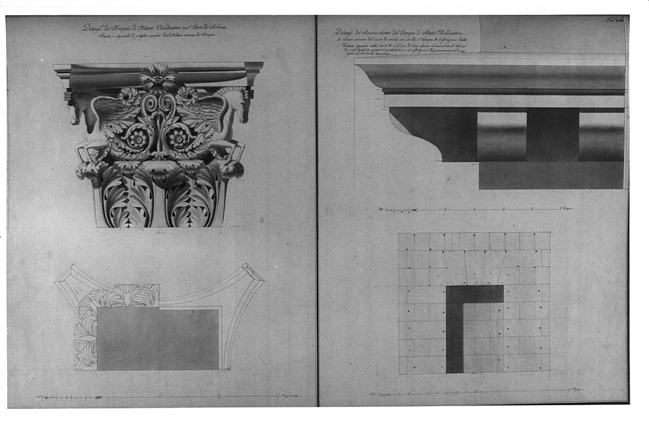alzati e sezione, architettura: ricostruzione del Tempio di Marte Vendicatore nel Foro di Nerva (disegno, opera isolata) di Bianconi Giacomo (sec. XIX)