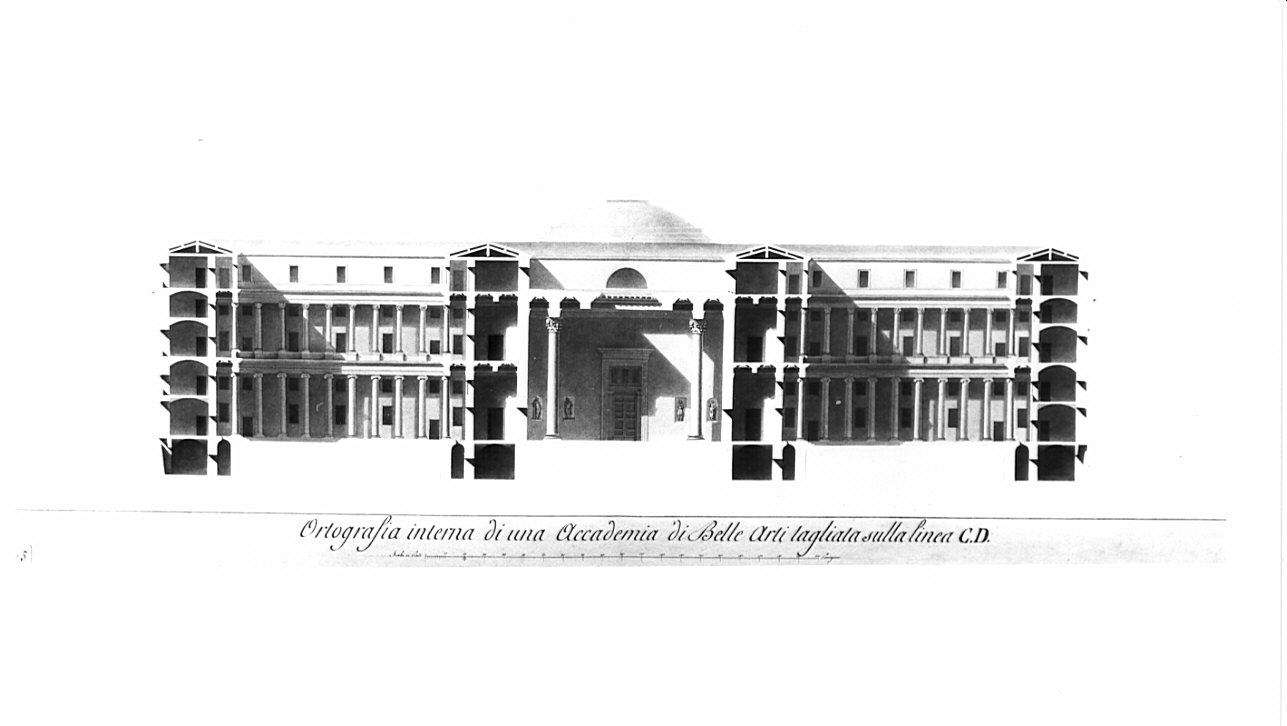 sezione trasversale, architettura: progetto per Accademia di Belle Arti (disegno, opera isolata) di Voghera Luigi (sec. XIX)