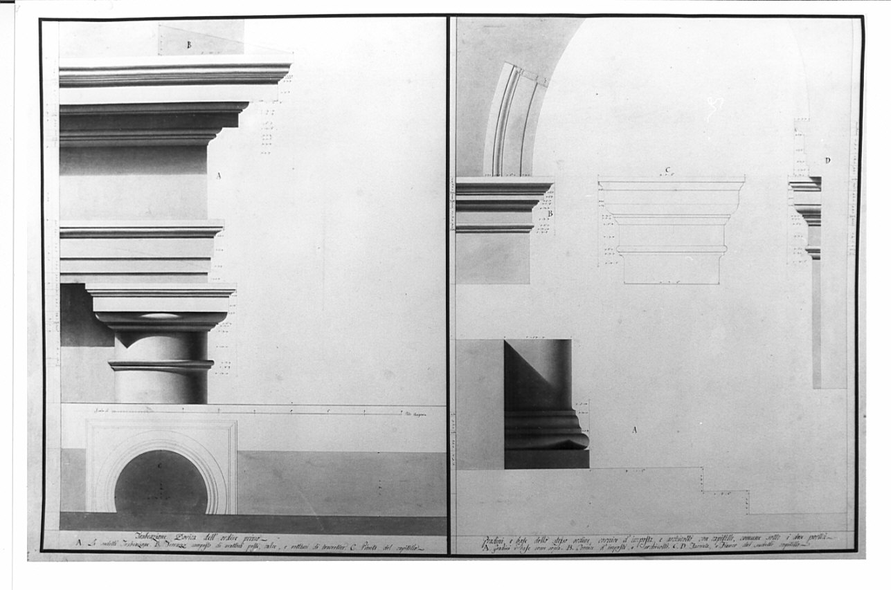 particolari delle colonne, architettura: progetto di restauro dell'Anfiteatro Flavio (disegno, opera isolata) di Voghera Luigi (sec. XIX)