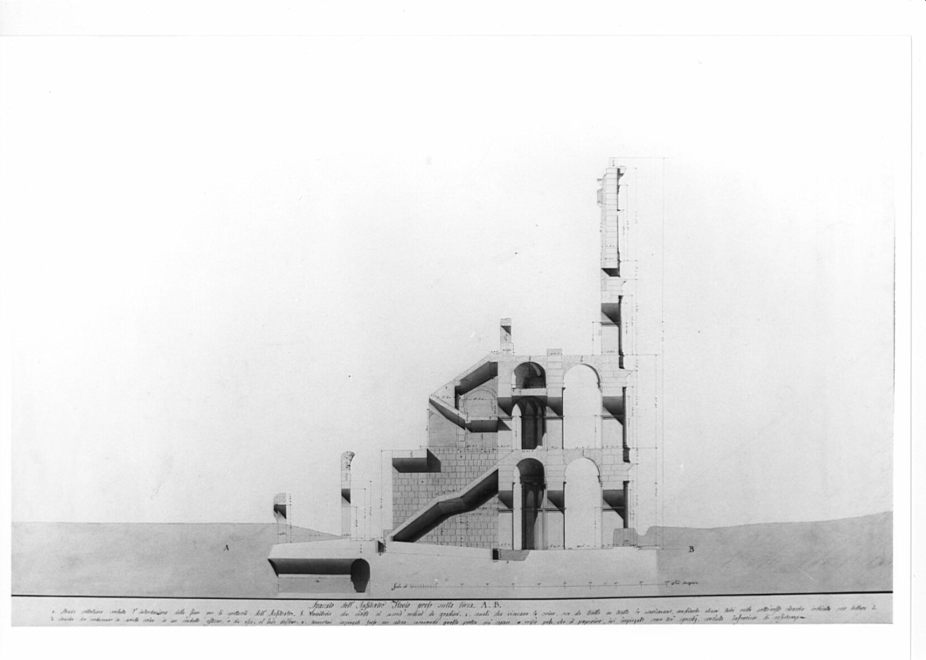 sezione, architettura: rilievo dell'Anfiteatro Flavio (disegno, opera isolata) di Voghera Luigi (sec. XIX)