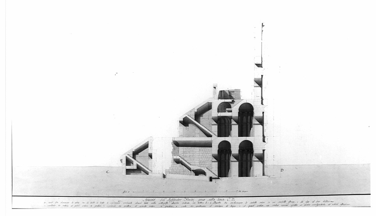 sezione, architettura: rilievo dell'Anfiteatro Flavio (disegno, opera isolata) di Voghera Luigi (sec. XIX)