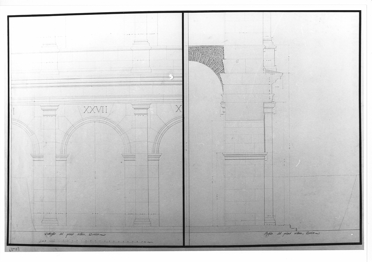 dettaglio e profilo del primo ordine, architettura: progetto di restauro dell'Anfiteatro Flavio (disegno, opera isolata) di Voghera Luigi (sec. XIX)